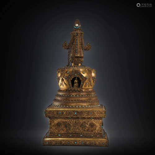 Copper and Golden Inlaying with Jem Buddhist Niche from Qing