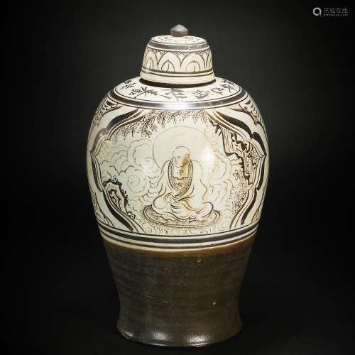 CiZhou Kiln Vase with Buddhist Design from Yuan