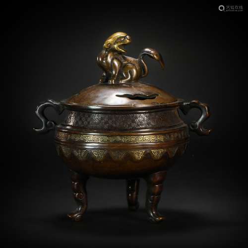 Lion Button Three Footed Copper Censer from Ming