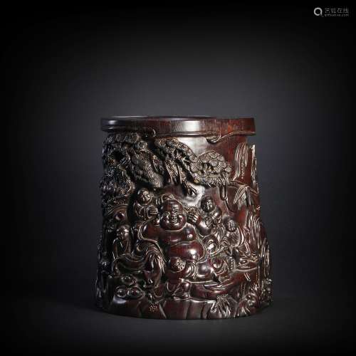 Red Sandalwood Pen Holder with Buddhist Design from Qing