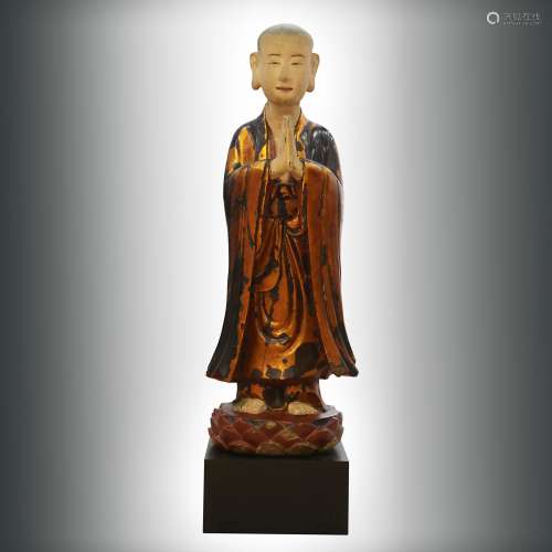 Wood carved Colored Buddhist Student Statue from Qing