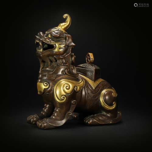 Copper and Golden Ornament in Lion form from Qing