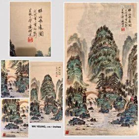 Chinese Paper Greeny Mountains Landscape Painting