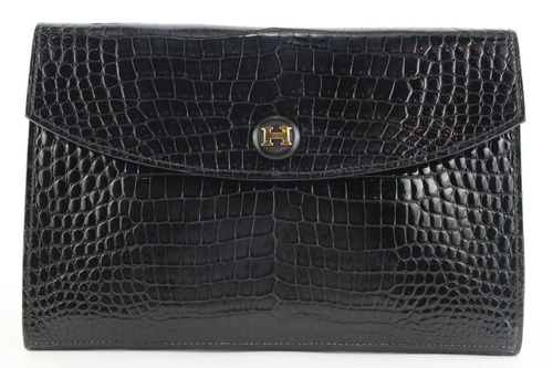 Hermes Black Porosus Crocodile Rio Clutch Pochette