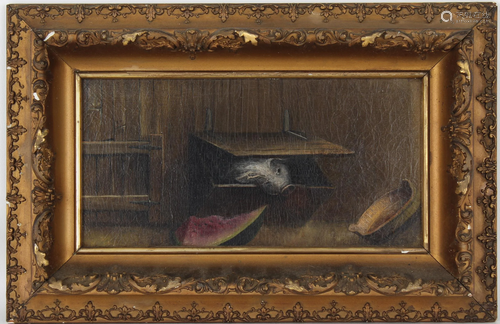 American School, 19th C. Painting Pig & Watermelon