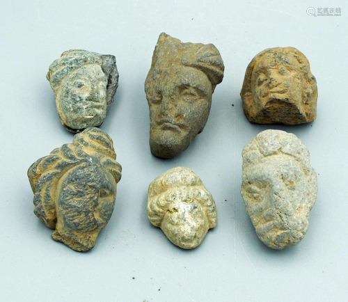 (6) Gandharan Stone Heads - Indus Valley, 4th C AD