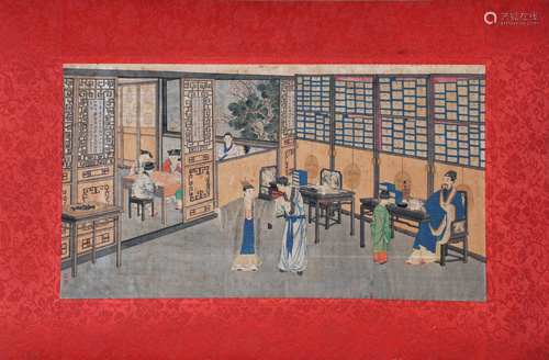 Signed, Fine Chinese Watercolor of Interior Scene