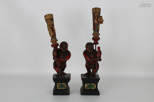 (2) Chinese Wooden Figural Candle Holders