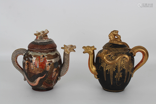 (2) Marked Japanese Satsuma Teapots