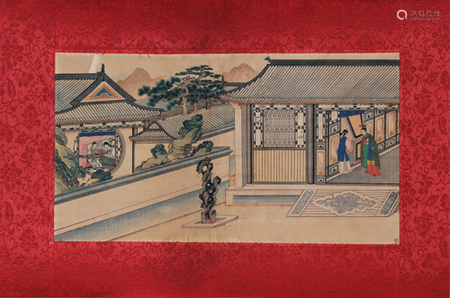 Fine Chinese Watercolor of Courtyard Scene, Signed