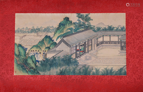 Fine Chinese Watercolor of Figures in Courtyard