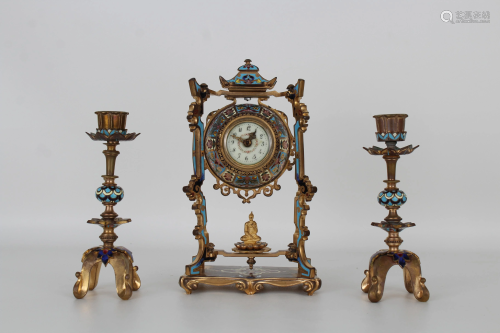 French Gilt Bronze Champleve 3-Piece Clock Set
