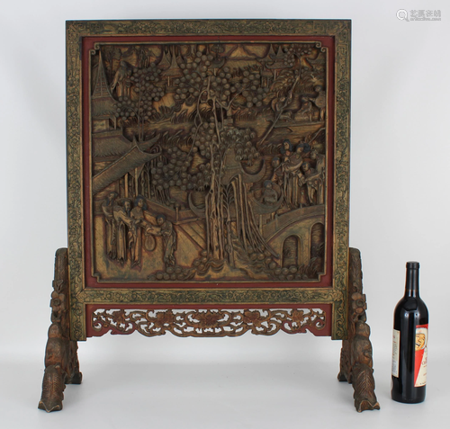 Large Carved Chinese Figural Table Screen