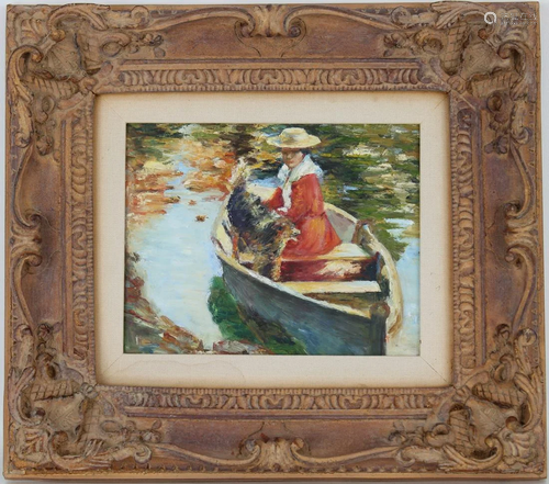 20th C. Impressionist Painting of Woman Rowing