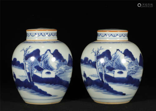 Pair Blue and White Landscape Jars Qianlong Style