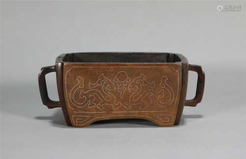 Silver Inlaid Bronze Censer Qing Style