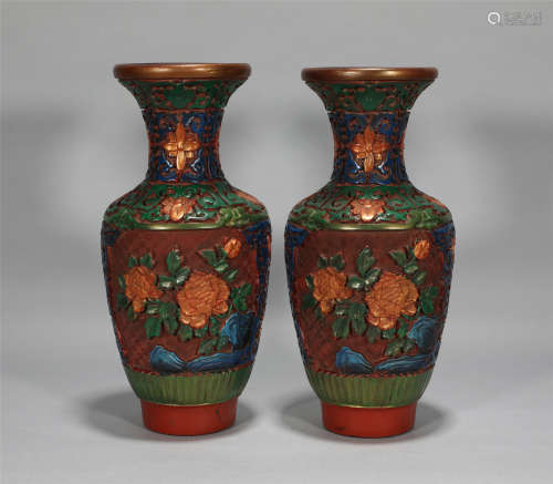 Pair Carved Lacquer Vases Qianlong Style