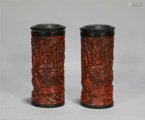 Pair Carved Boxwood Tea Caddy Qing Style