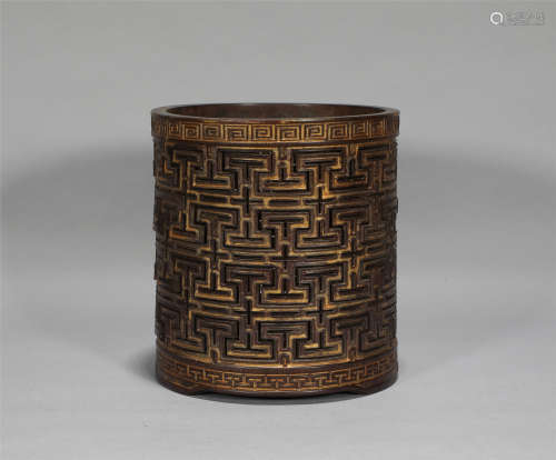 Painted Lacquer Rosewood Brush-pot Qing Style