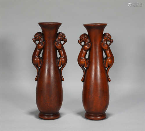 Pair Carved Boxwood Vases Qing Style