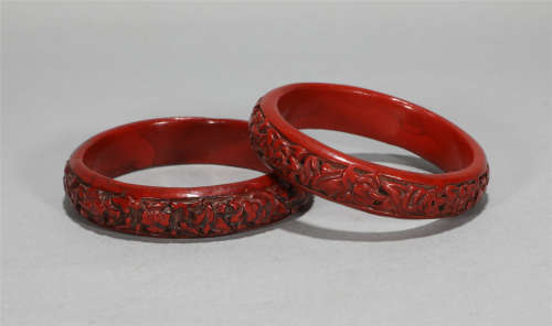 Pair Carved Cinnabar Lacquer Bangles Qing Style
