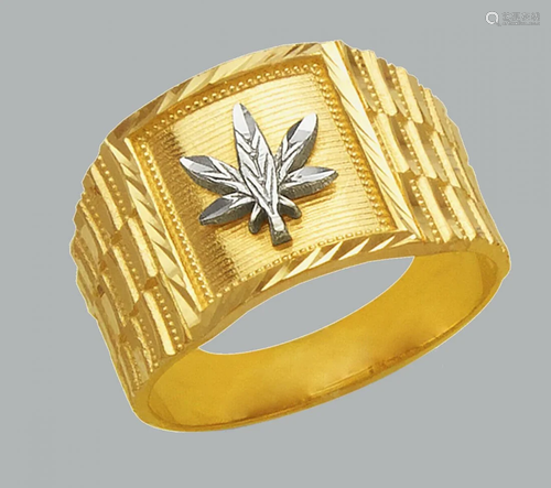 14K TWO TONE GOLD MENS DIAMOND CUT RING MARIJUANA L…