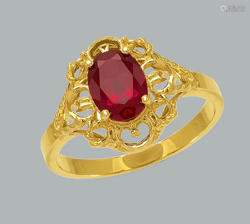 NEW 14K YELLOW GOLD LADIES FANCY CZ RING RED OVAL