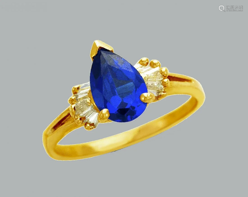 14K YELLOW GOLD LADIES FANCY CZ RING BLUE PEAR SHAPE