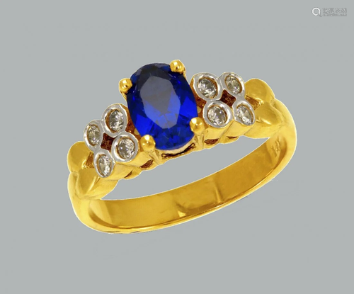 NEW 14K TWO TONE GOLD LADIES FANCY CZ RING BLUE OVAL