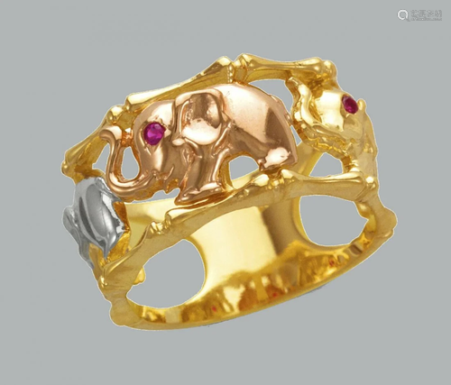 14K TRI COLOR GOLD LADIES FANCY CZ RING ELEPHANT BAND