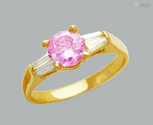 NEW 14K YELLOW GOLD LADIES FANCY CZ RING ROUND PINK