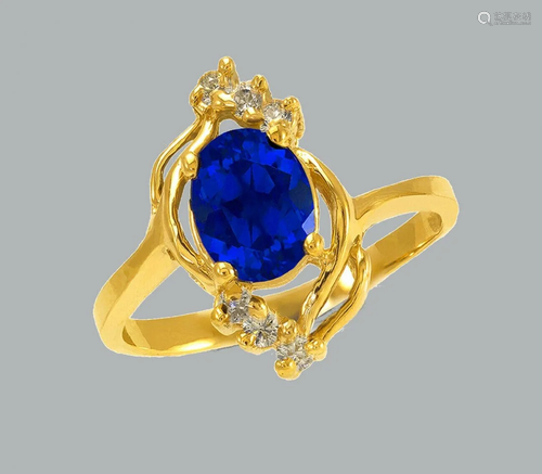 NEW 14K YELLOW GOLD LADIES FANCY CZ RING BLUE OVAL