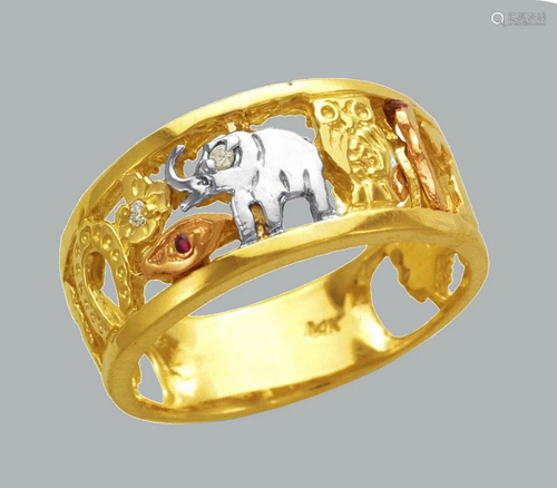 14K TRI COLOR GOLD CZ RING ELEPHANT BAND GOODLUCK