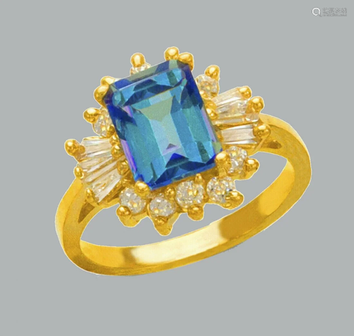 NEW 14K YELLOW GOLD LADIES CZ COCKTAIL RING BLUE