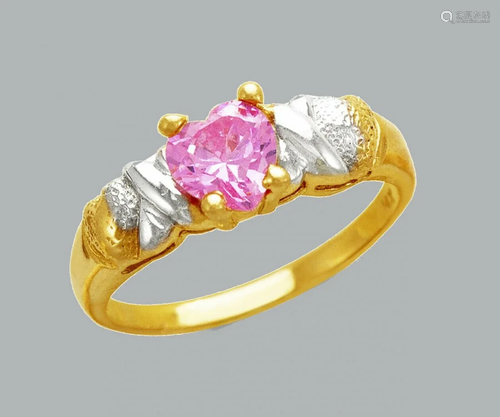 NEW 14K TWO TONE GOLD LADIES FANCY CZ RING PINK HEART