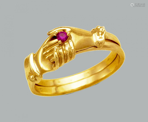 14K YELLOW GOLD LADIES RED CZ HOLDING HANDS RING