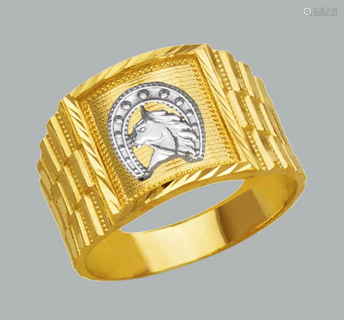 14K TWO TONE GOLD MENS DIAMOND CUT RING HORSE HORS…