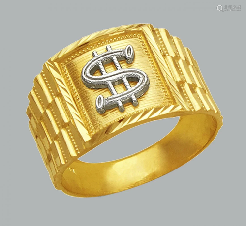 14K TWO TONE GOLD MENS DIAMOND CUT RING DOLLAR SIGN