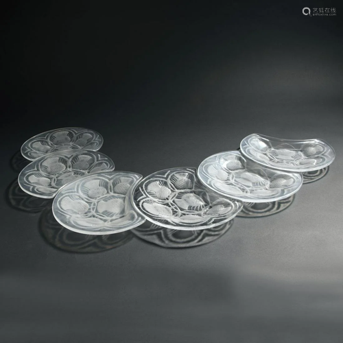 Marc Lalique, Six 'Chardons' plates, 1953