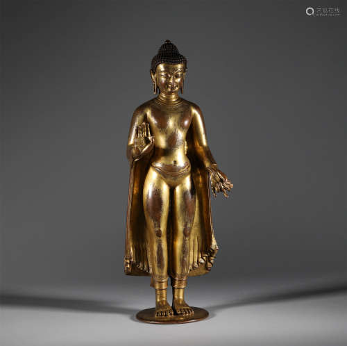 15th Century - Gilt Bronze Standing Statue of Buddha Shakyam...