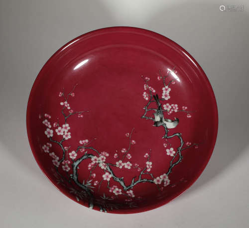 Qing Dynasty - Yongzheng Carmine Red Magpie Plum Pattern Pla...
