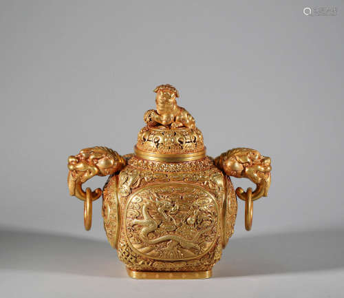 Qing Dynasty - Pure Gold Dragon Pattern Beast Ear Smoker