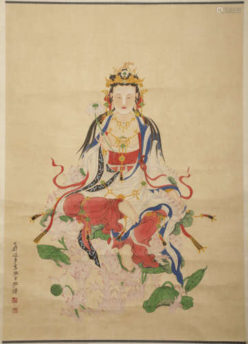 Zhang Daqian - Seated Guanyin Statue on Paper Hanging Scroll