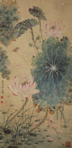 Wang Xuetao Lotus on Paper Hanging Scroll