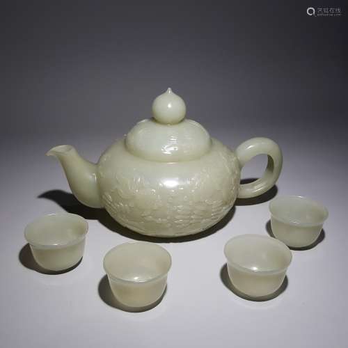 A Set of Hetian Jade Carving Golden Jade Teapot