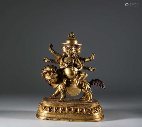 Qing Dynasty - The Guardian Gilded Bronze Riding a Lion