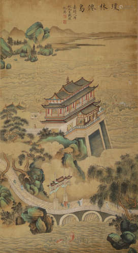 Ming Dynasty - Qiu Ying Grove Island Hanging Scroll on Silk