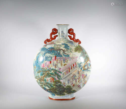 Qing Dynasty - Famille Rose Character Double-Eared Moon Bott...
