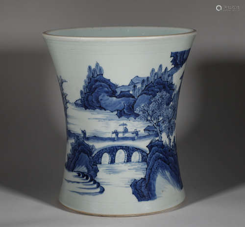 Chongzhen - Blue and White Landscape Brush Holder