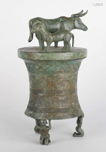 Yunnan Culture Bronze Ox Button Lid Jar